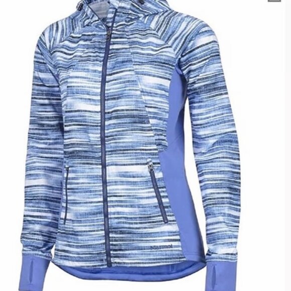 Marmot Muse Jacket Women's‎ M Hooded Full Zip Striped Blue Lavender Wind Breaker - Picture 1 of 14